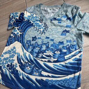 Blue Waves & Cat Print T-Shirt - Women's Size Large